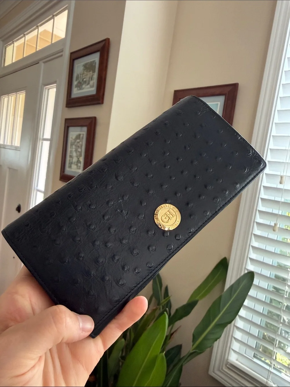 ITALIAN Black Ostrich-Texture Continental Wallet with Gold Emblem